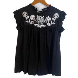 Knox Rose Embroidered Bodice Ruffled Flutter Sleeve Boho Blouse Cottage Size MD